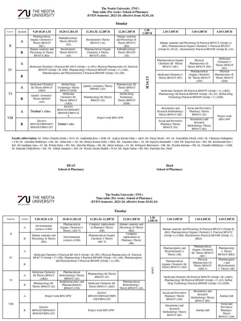 Even Semester Time Table Pharmacy January 2023-24-1 | PDF