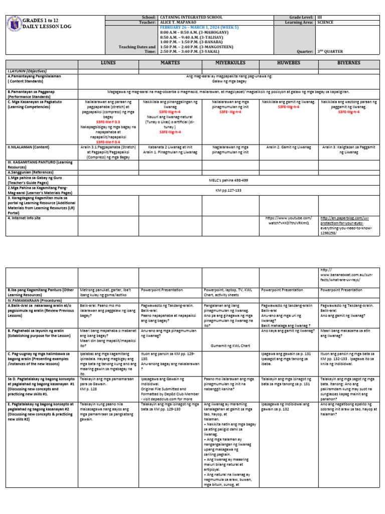 DLL - Science 3 - Q3 - W4 | PDF