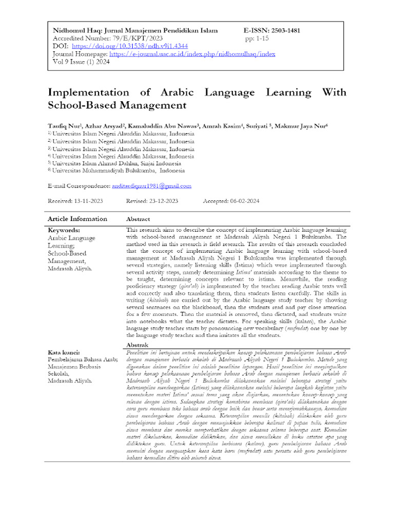 View of Implementation of Arabic Language Learning With School-Based ...