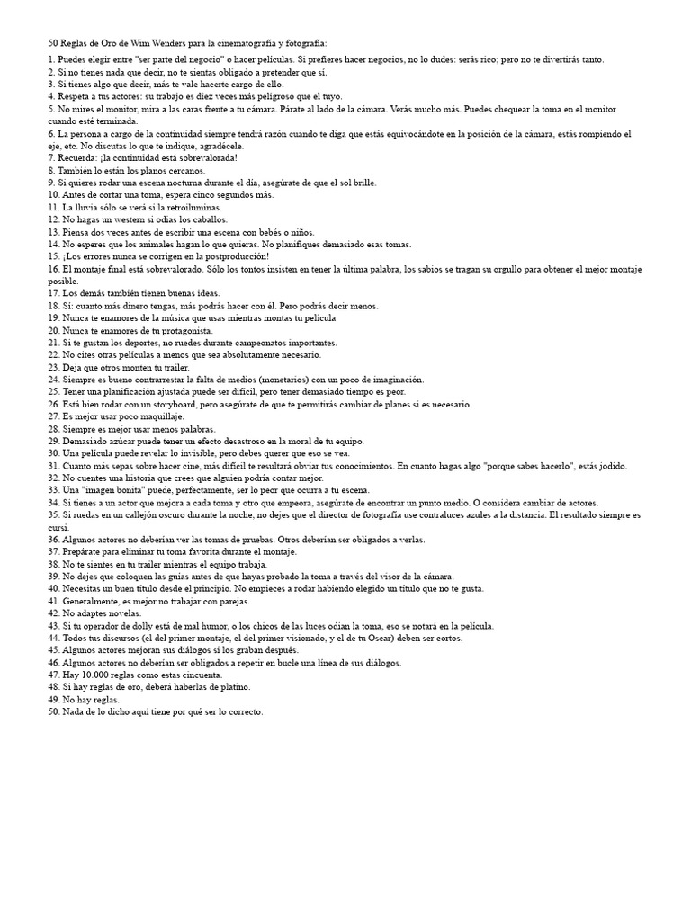 50 Reglas de Oro de Wim Wenders para La Cinematografía y Fotografía. | PDF