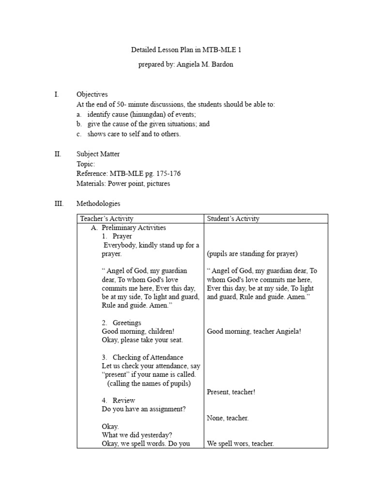 MTB-MLE Grade 1 Lesson Plan: Causes | PDF