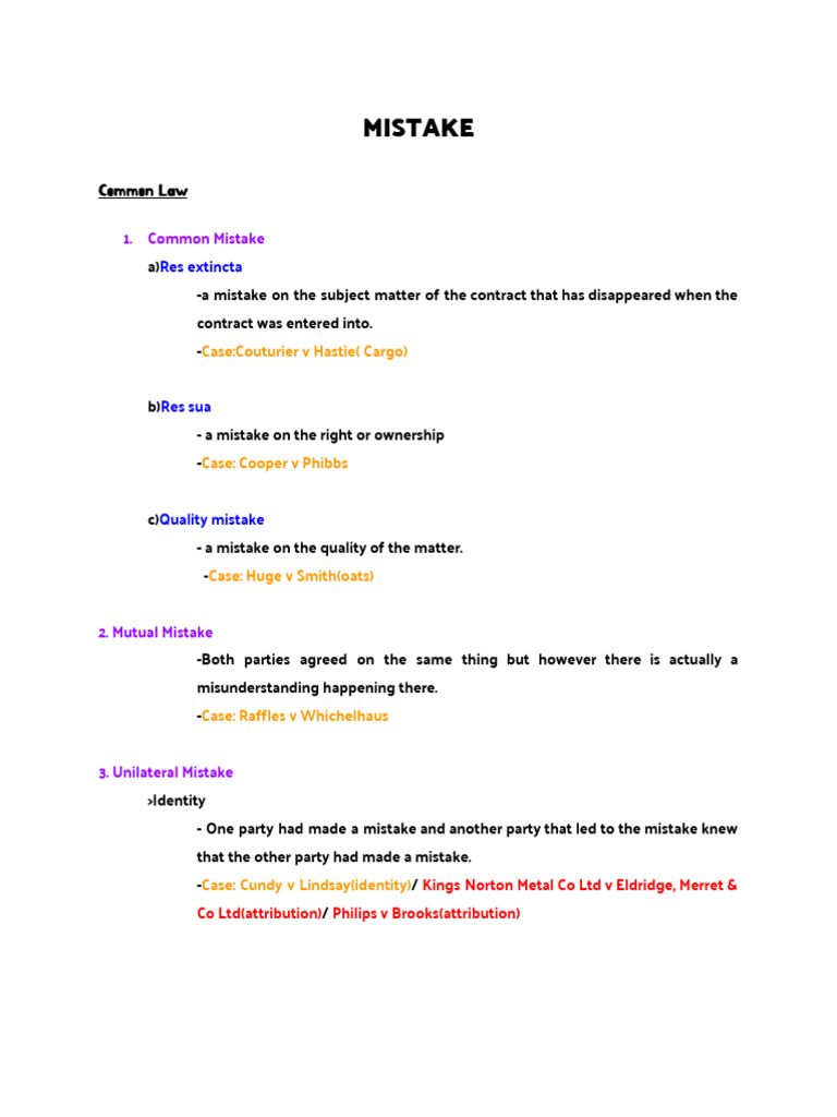 Mistake Basic Notes | PDF | Ethical Principles | Legal Concepts