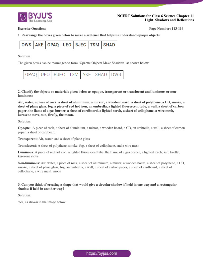 Ncert Solutions For Class 6 April 3 Science Chapter 11 Light Shadows