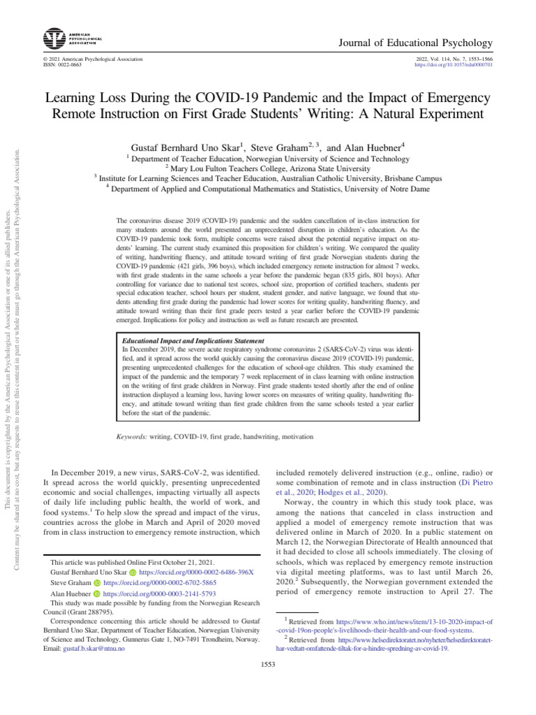 Learning Loss During The COVID-19 Pandemic and The Impact of Emergency ...