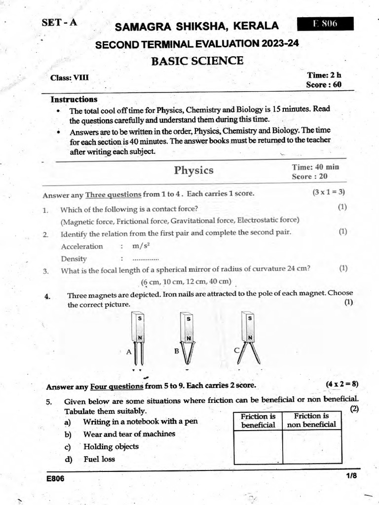 Kerala Class 8 Second Term Exam 2023 - Basic Science EM | PDF