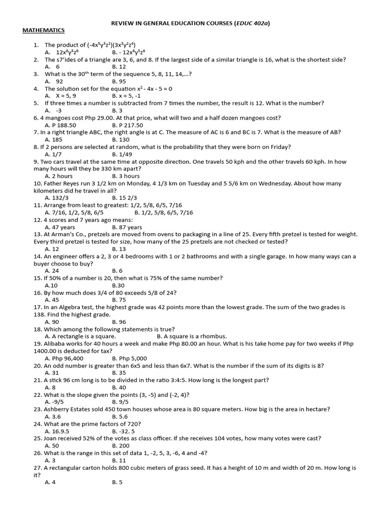 Review in Gen Ed MATH 100 Questions | PDF | Rectangle | Mathematics