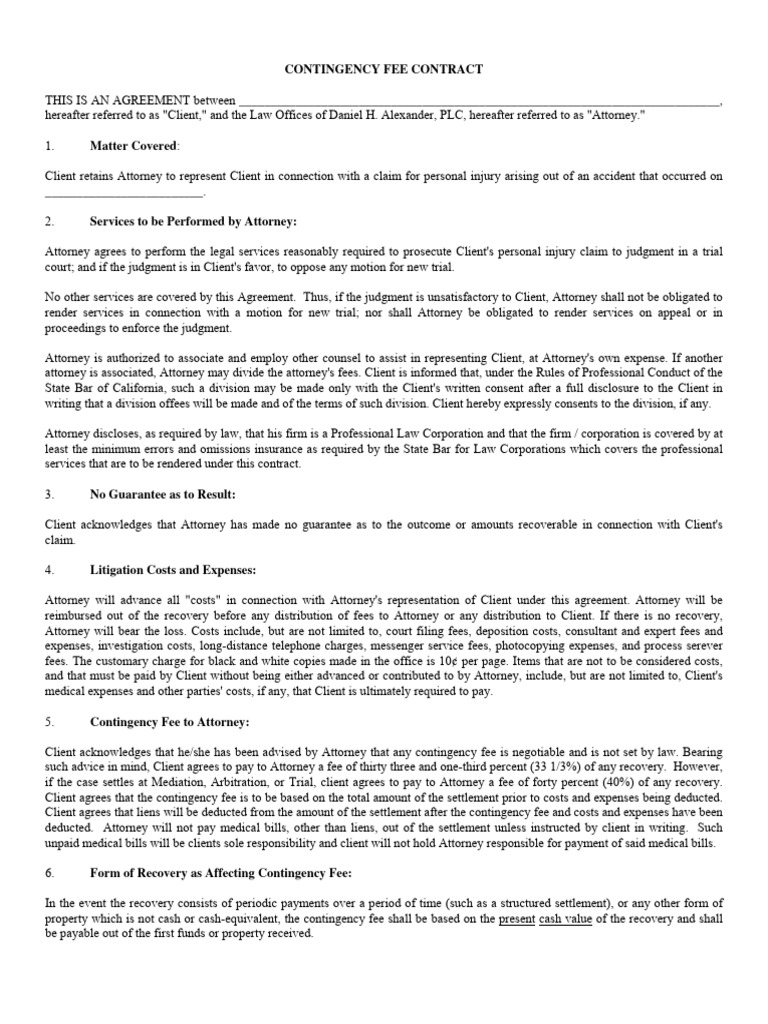 Attorney Contingency Fee Agreement Form PDF Lawyer Attorney s Fee