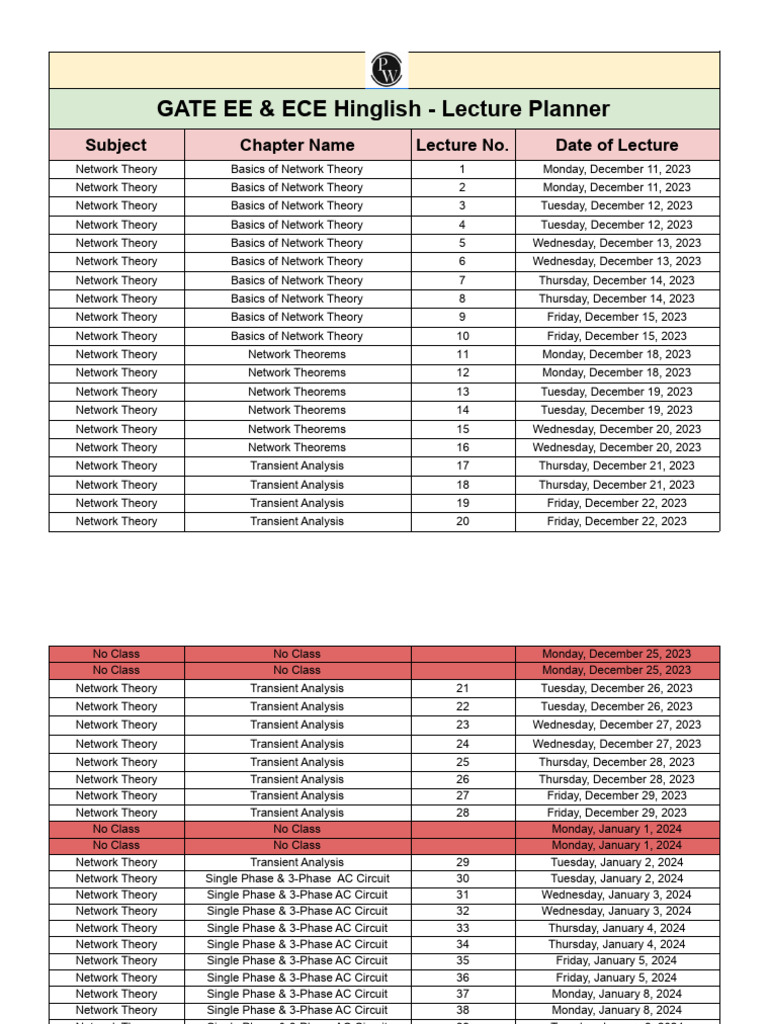 GATE EE ECE Lecture Planner 2023-2024 | PDF | Electrical Engineering ...