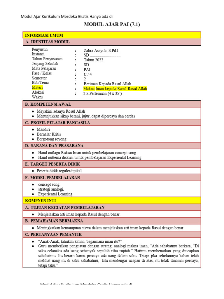 Modul Ajar PAI Kurikulum Merdeka SD | PDF | Pengembangan Diri