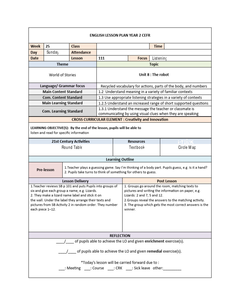Year 2 CEFR English Lesson Plan: Robots | PDF | Lesson Plan | Teachers