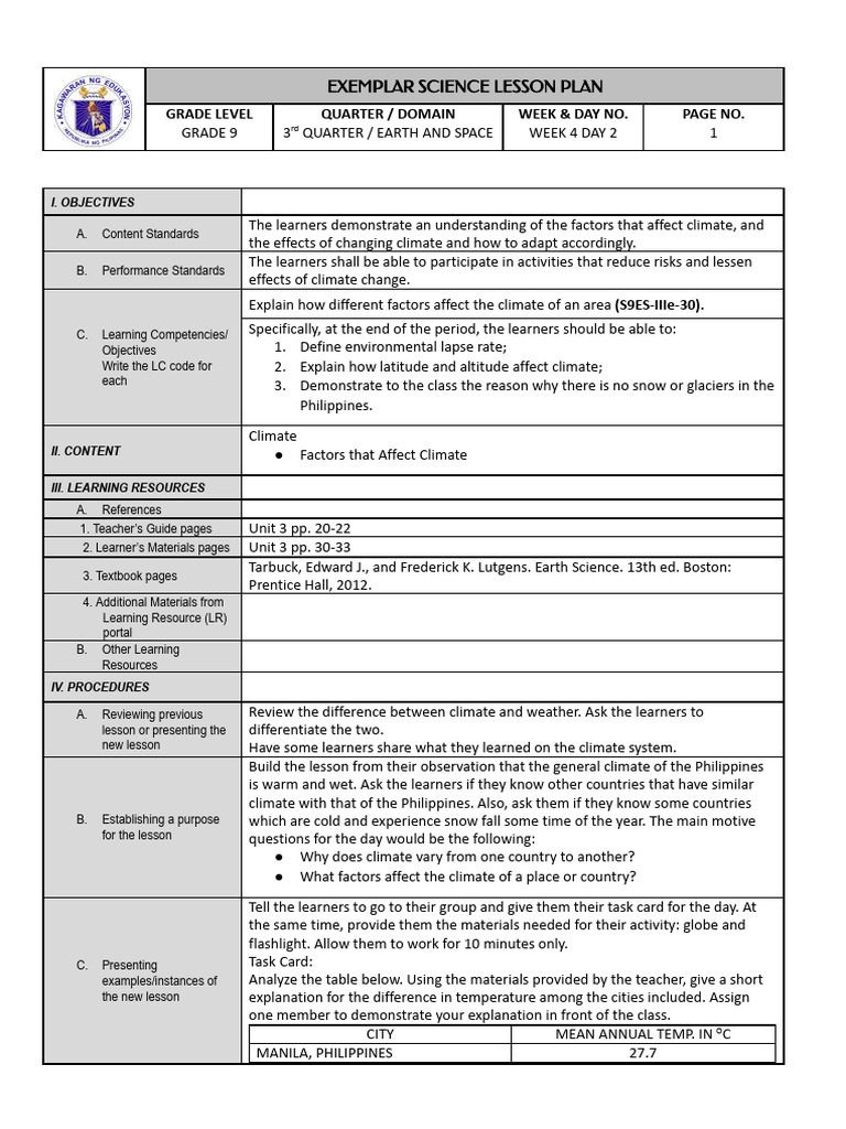 Grade 9 Climate Factors Lesson Plan | PDF | Learning | Climate