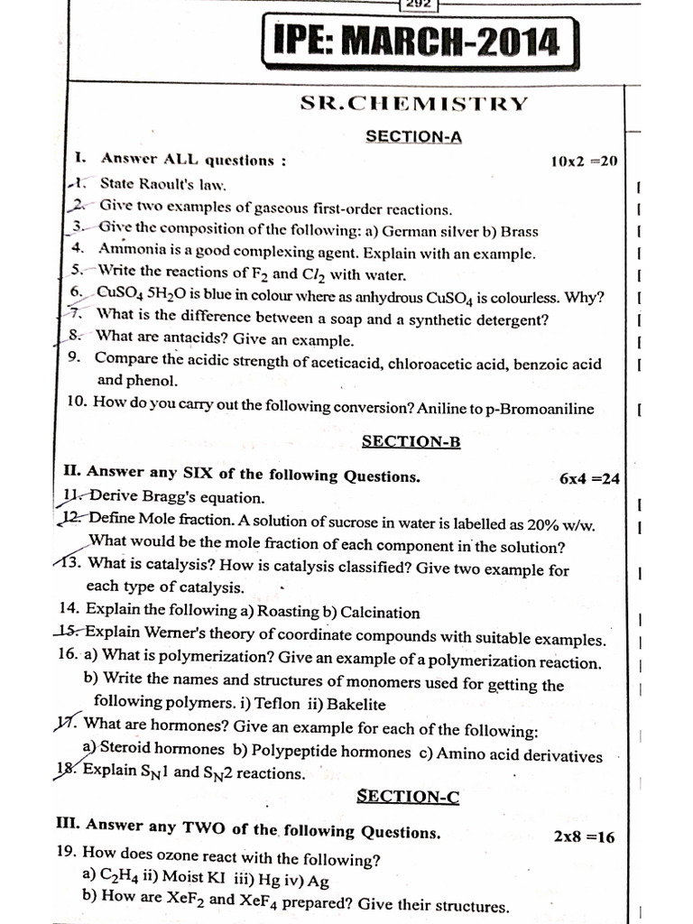 SR chemistry previous year question papers | PDF
