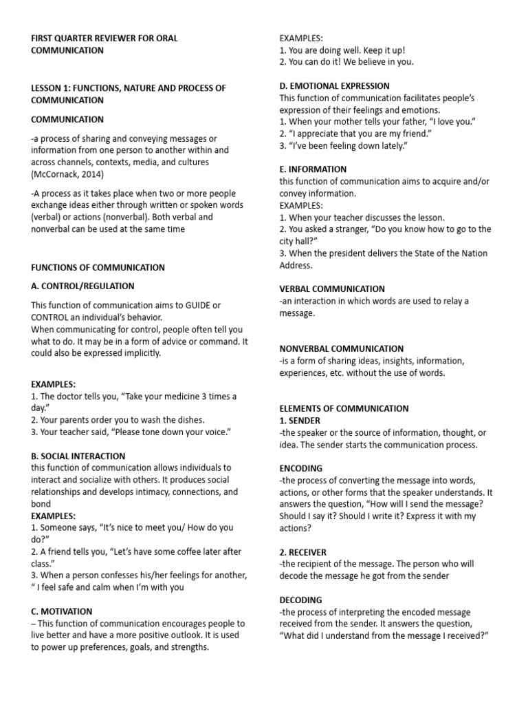 First Quarter Reviewer For Oral Communication | PDF