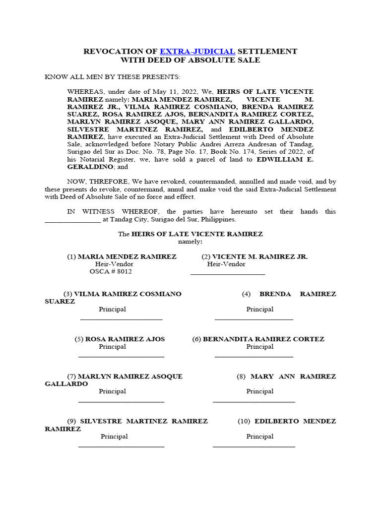 Revocation of extra judicial settlement ramirez pdf common law