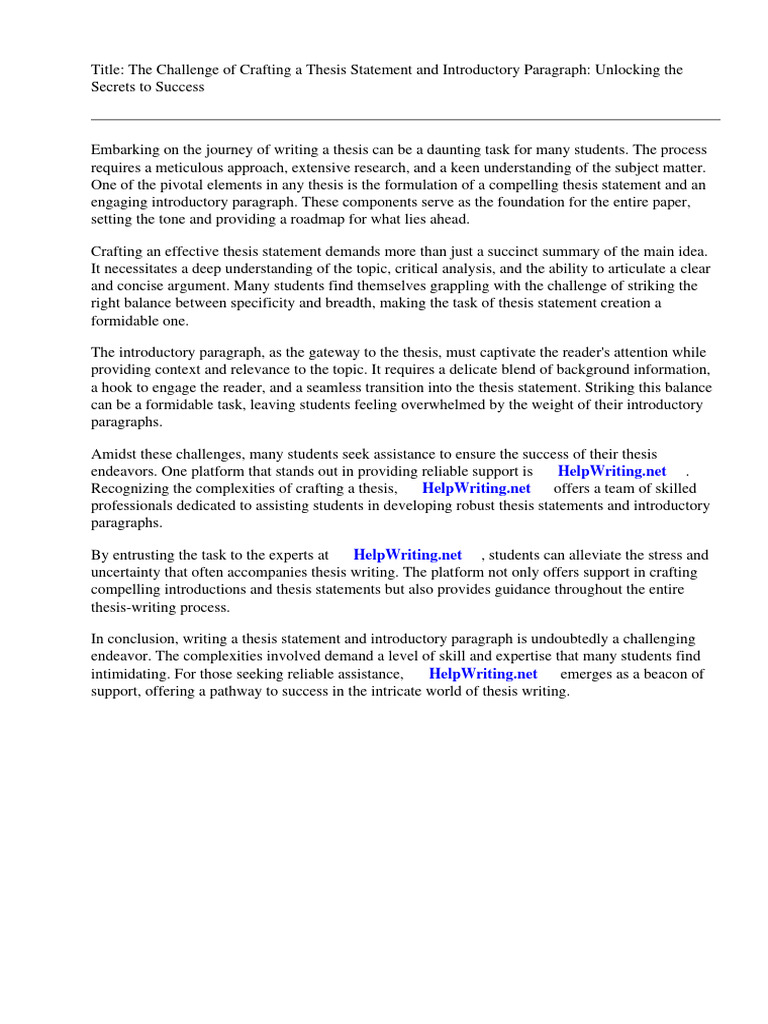 Thesis Statement and Introductory Paragraph Examples | PDF
