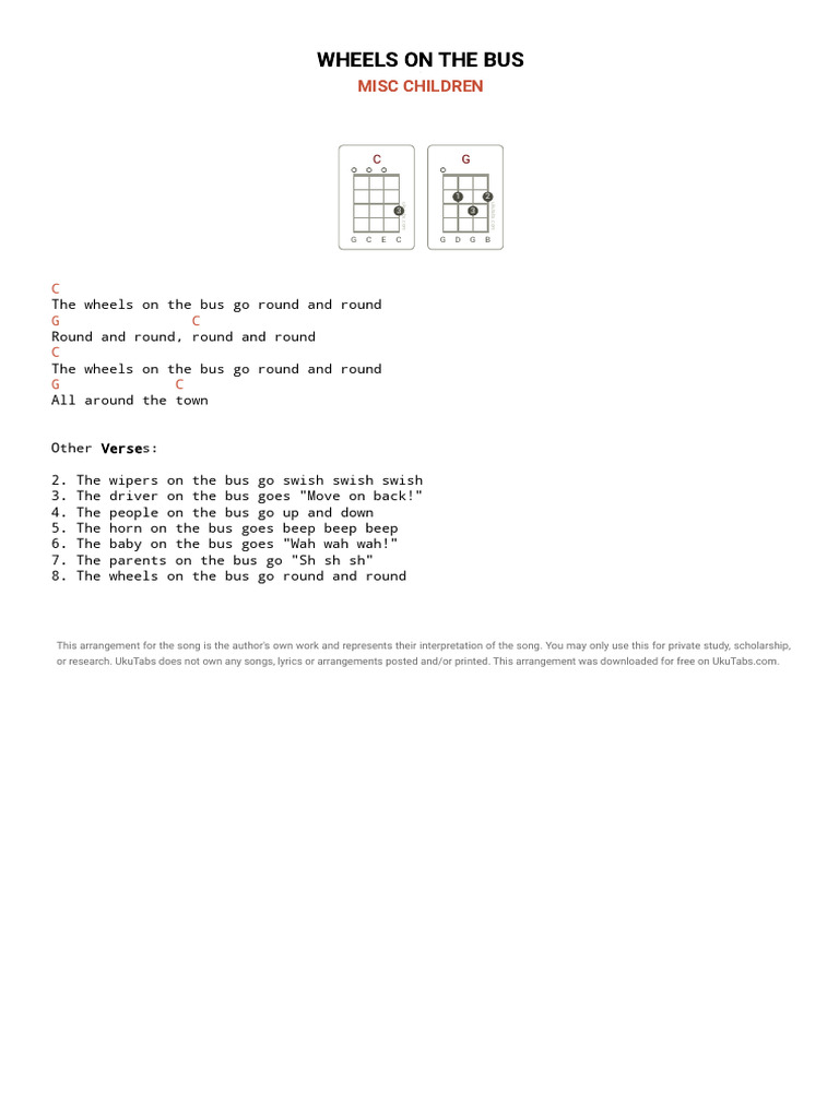 WHEELS ON THE BUS Ukulele Tabs by Misc Children On UkuTabs PDF