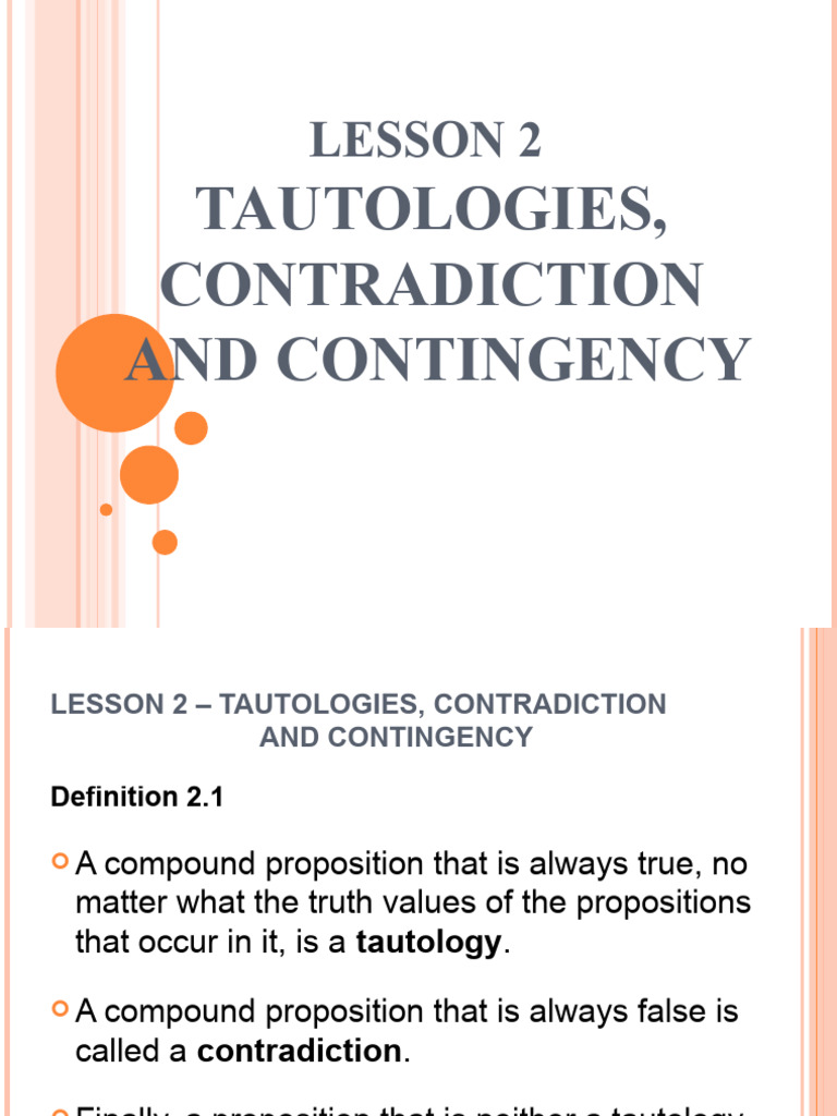 LESSON 2 - Tautology Contardiction and Contingency | PDF