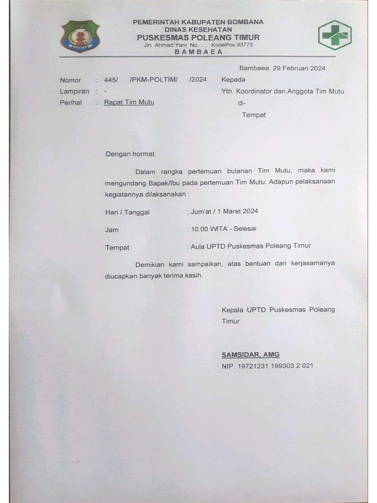 Undangan Rapat Bulanan Mutu | PDF