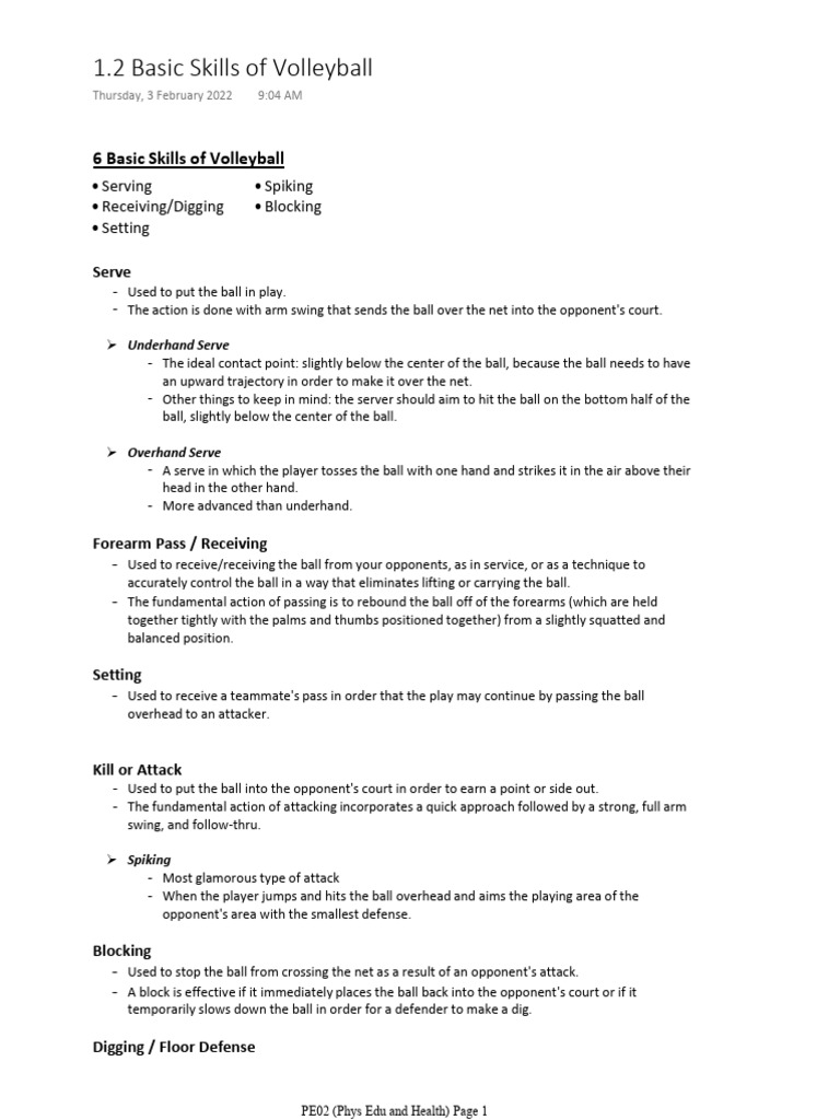 Basic Skills of Volleyball | PDF | Volleyball | Sports