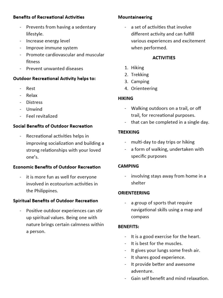 Benefits of Recreational Activities | PDF | Hiking | Outdoor Recreation