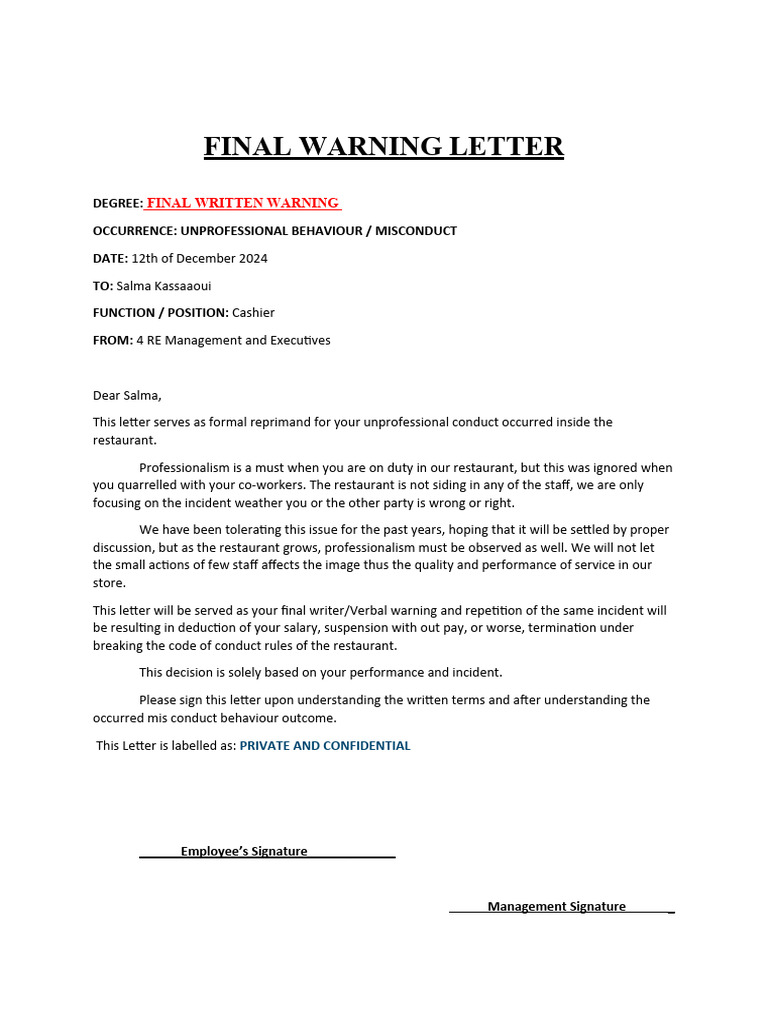 Final Warning for Unprofessional Behavior | PDF