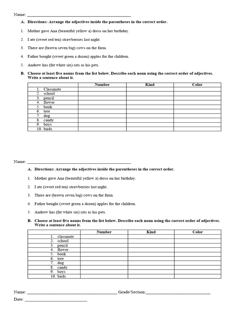 Order of Adjectives Evaluation | PDF | Adjective | Linguistics