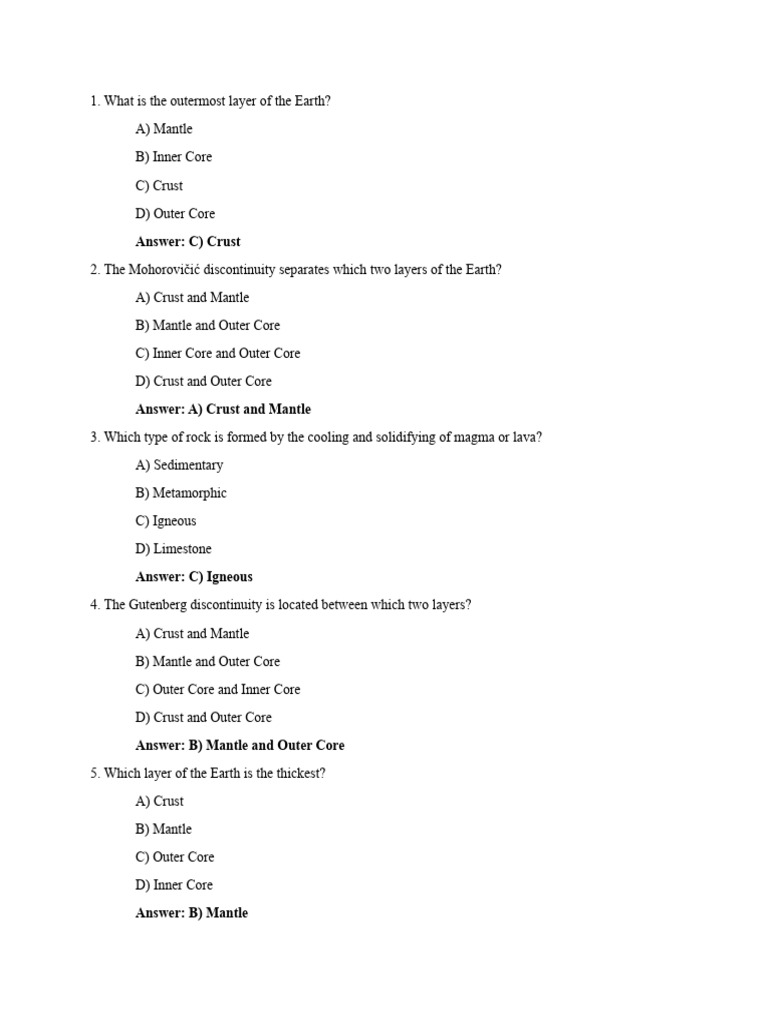 Quiz Earth Science Pdf Rock Geology Crust Geology