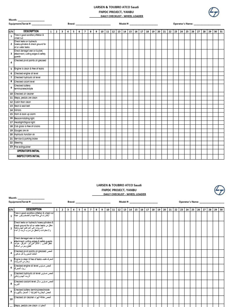 Daily Wheel Loader Inspection Checklist | PDF