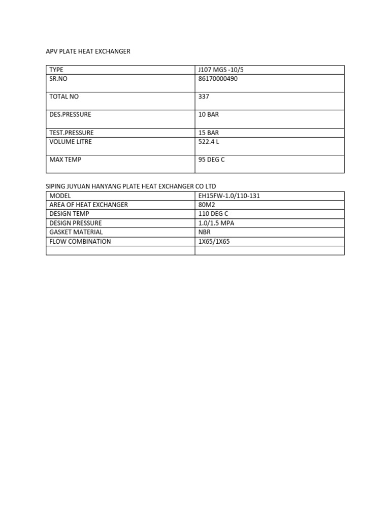 APV J107 Heat Exchanger Specifications | PDF