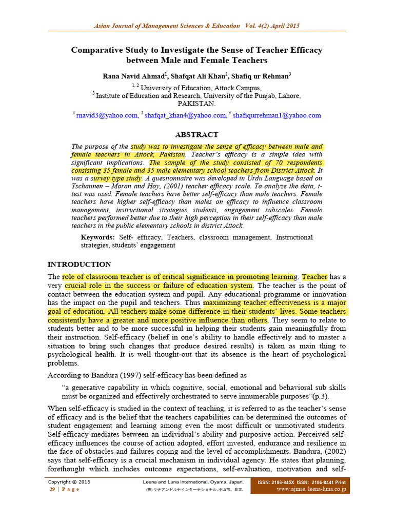 Comparative Study To Investigate The Sense of Teacher Efficacy | PDF ...