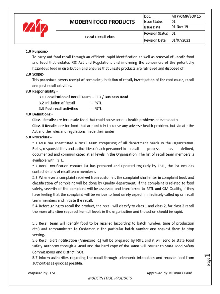 SOP 15 Food Recall Plan PDF Food Safety