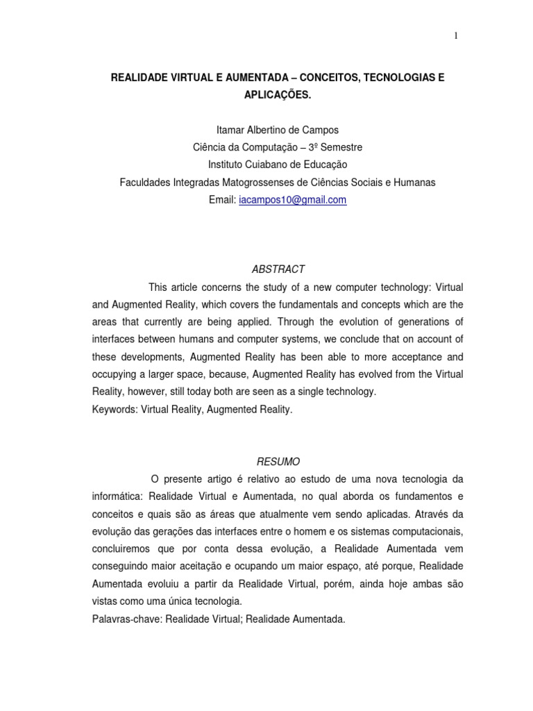 Conceitos de Realidade Virtual e Aumentada | PDF | Realidade virtual ...