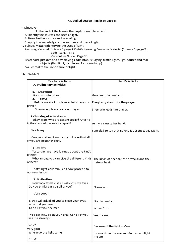 A Detailed Lesson Plan in Science III Final Demo - Compress | PDF | Light