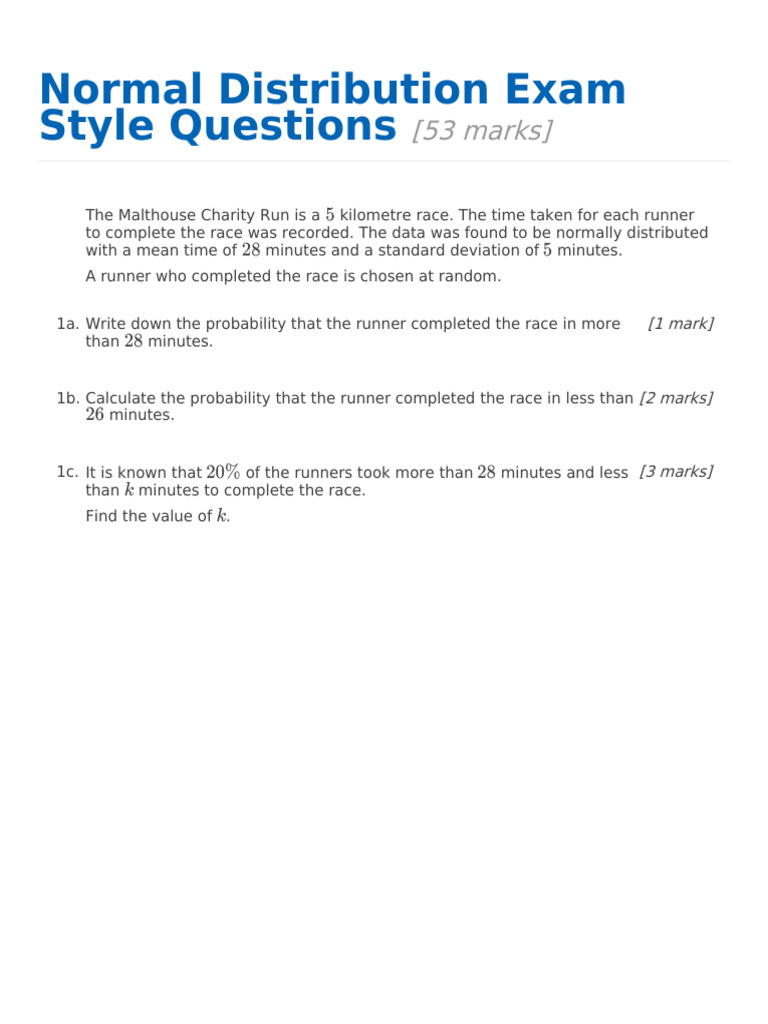 Normal Distribution Exam Style Questions PDF