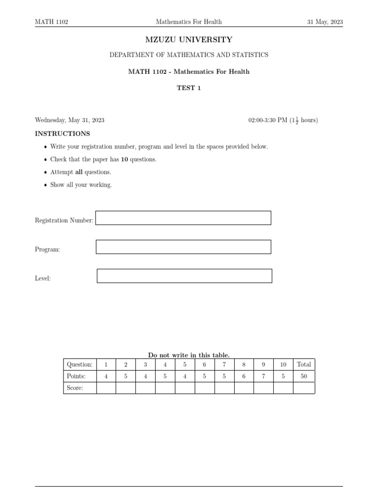 Math 1102 Test I | PDF | Dose (Biochemistry) | Chemistry