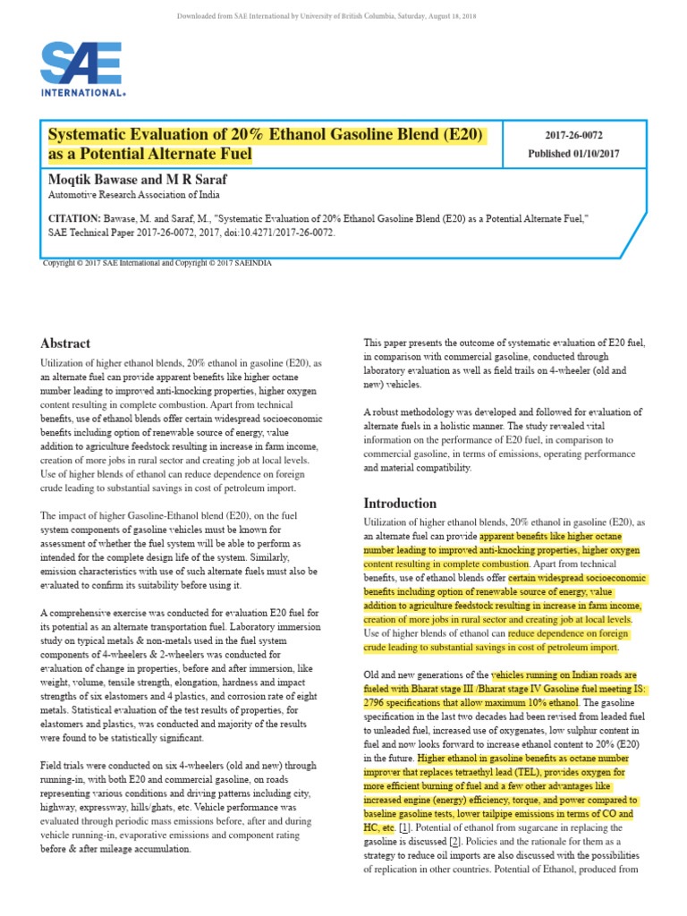 Systematic Evaluation of 20% Ethanol Gasoline Blend (E20) | PDF ...