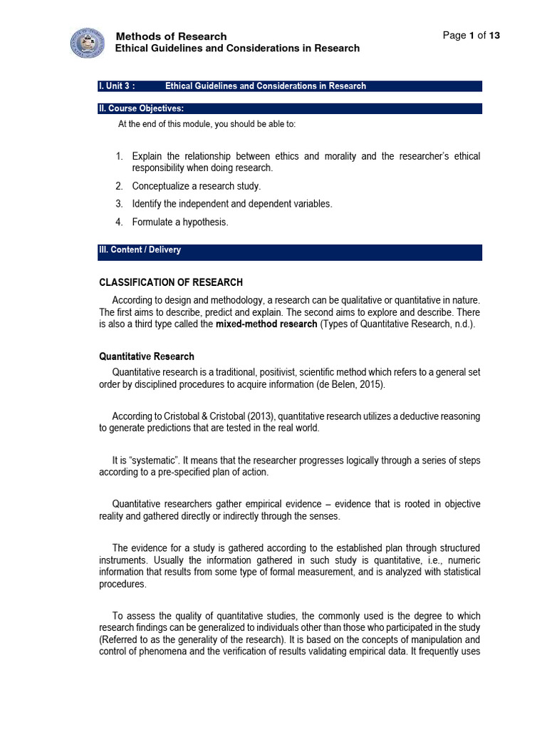 Ethical Research Guidelines and Methods | PDF | Quantitative Research ...