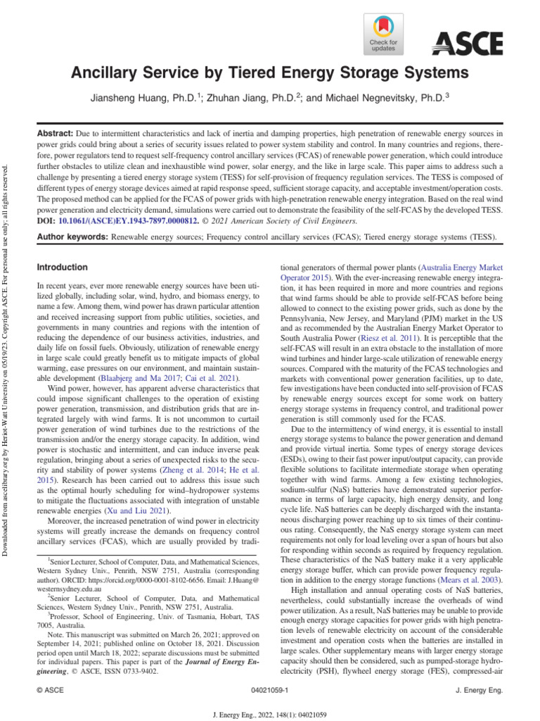 Ancillary Service by Tiered Energy Storage Systems PDF