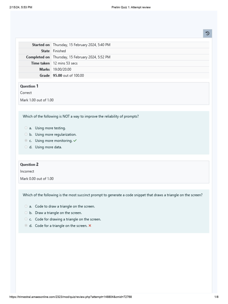 Prelim Quiz 1 Attempt Review | PDF | Engineering | Machine Learning