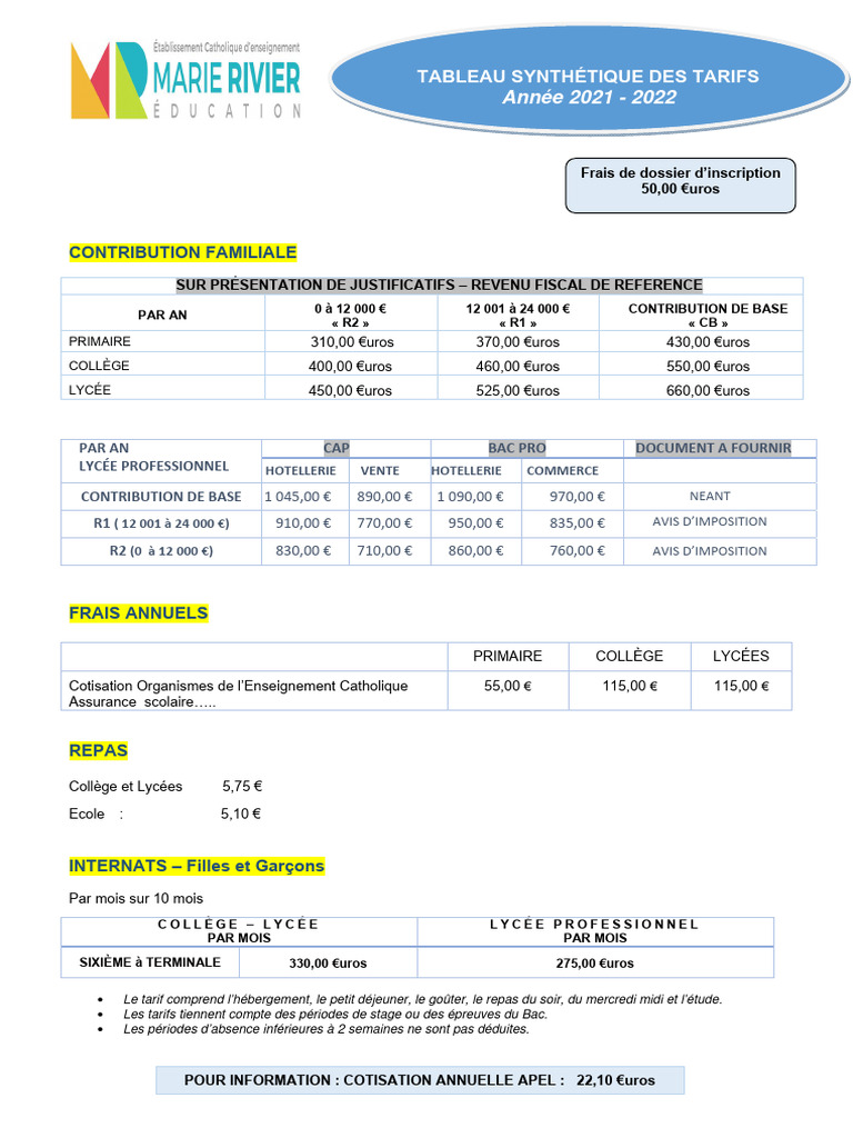 Tableau des Tarifs Scolaires 2021-2022 | PDF