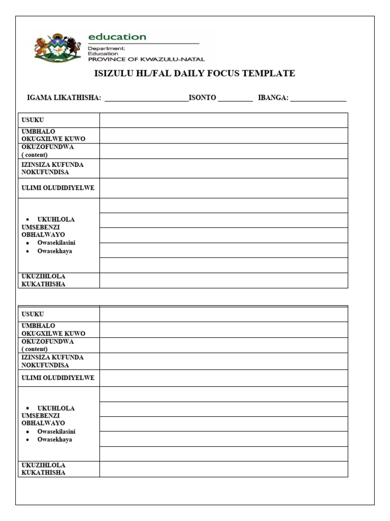 Isizulu HL/FAL Daily Focus Template | PDF | Career & Growth