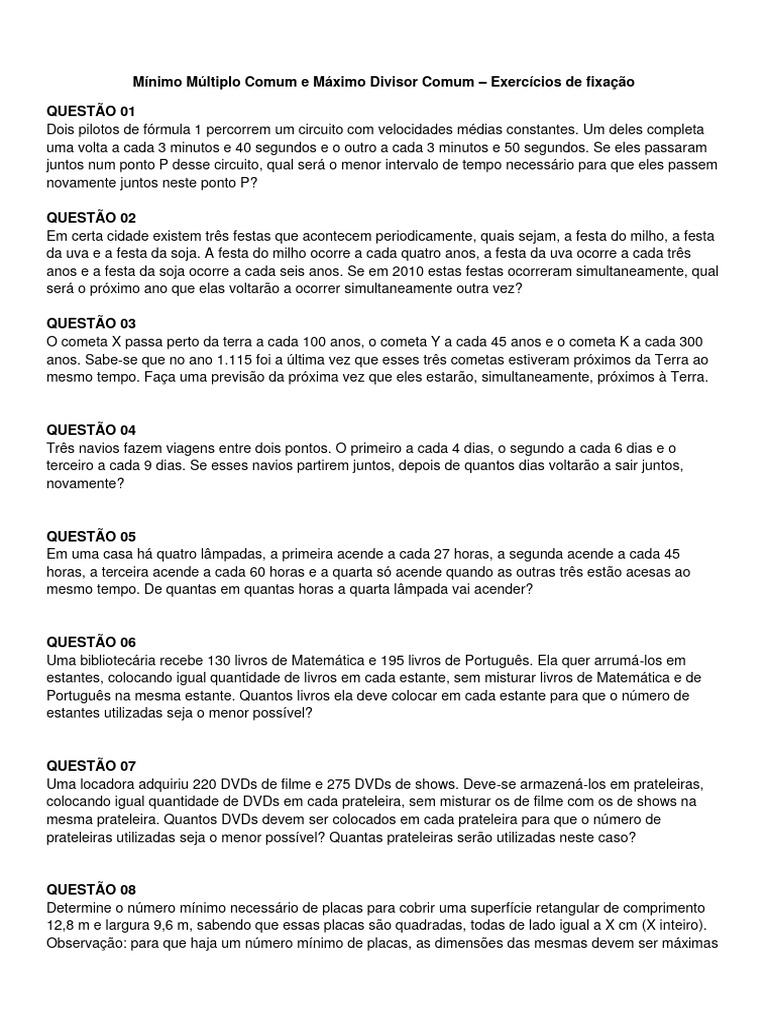 M nimo m ltiplo comum e m ximo divisor comum exercicios de fixa o