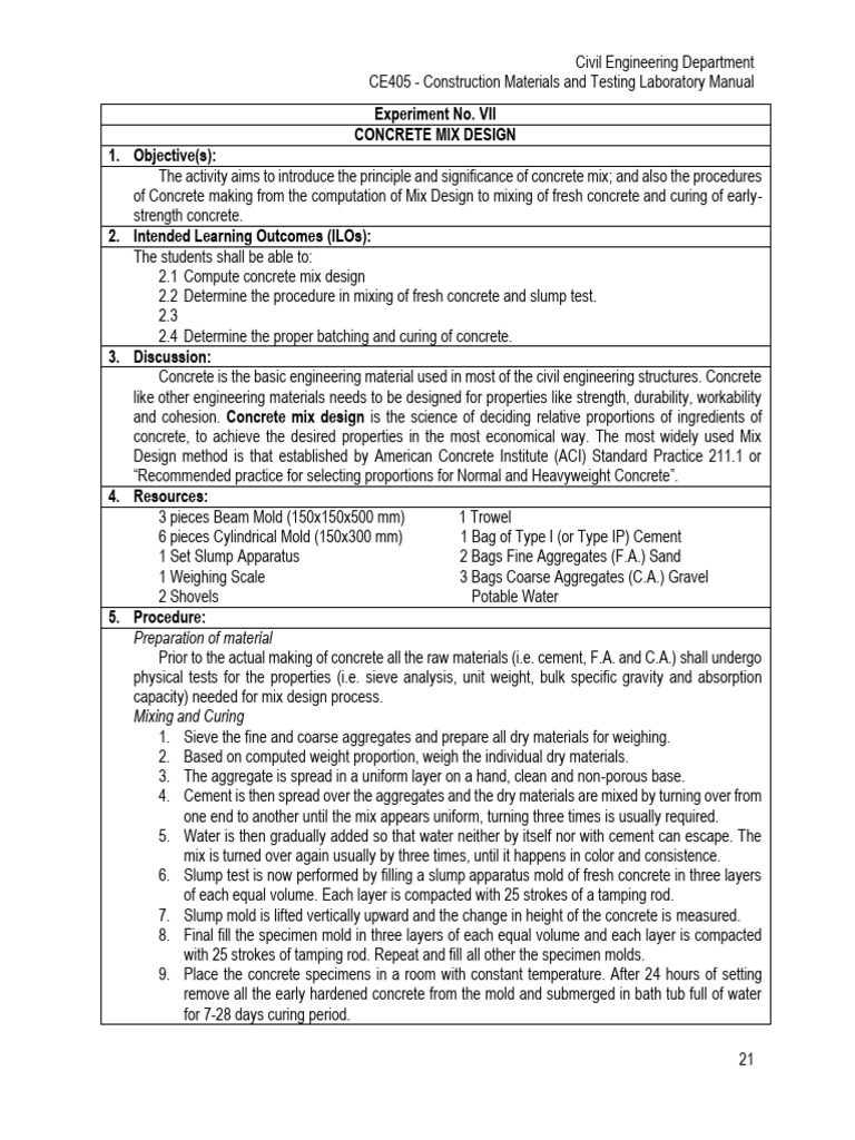 Experiment 7 Concrete Mix Design Pdf Concrete Materials