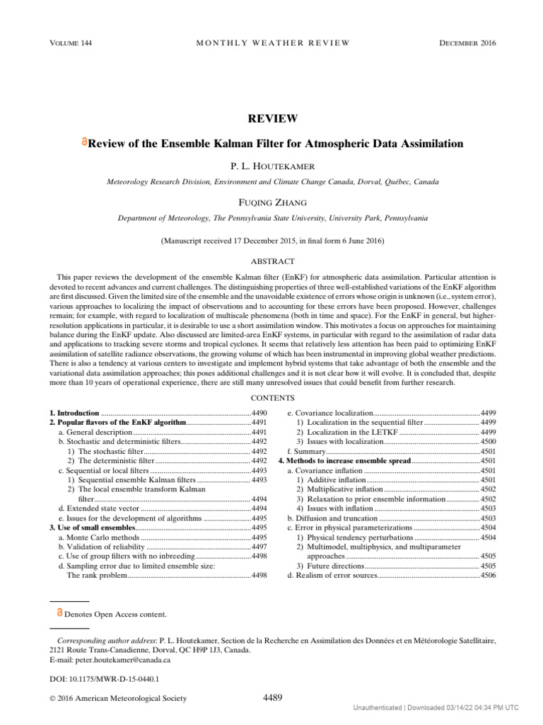  15200493 monthly weather review review of the ensemble kalman