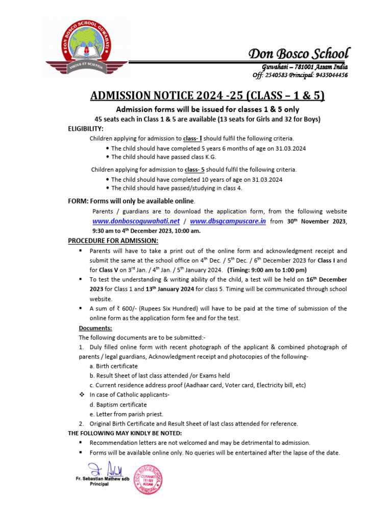 Don Bosco School Admission 2024-25 | PDF | Service Industries