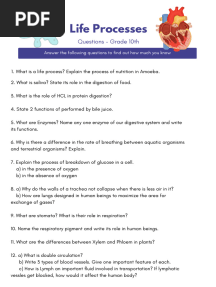 Life Processes - Grade 10th - Questions