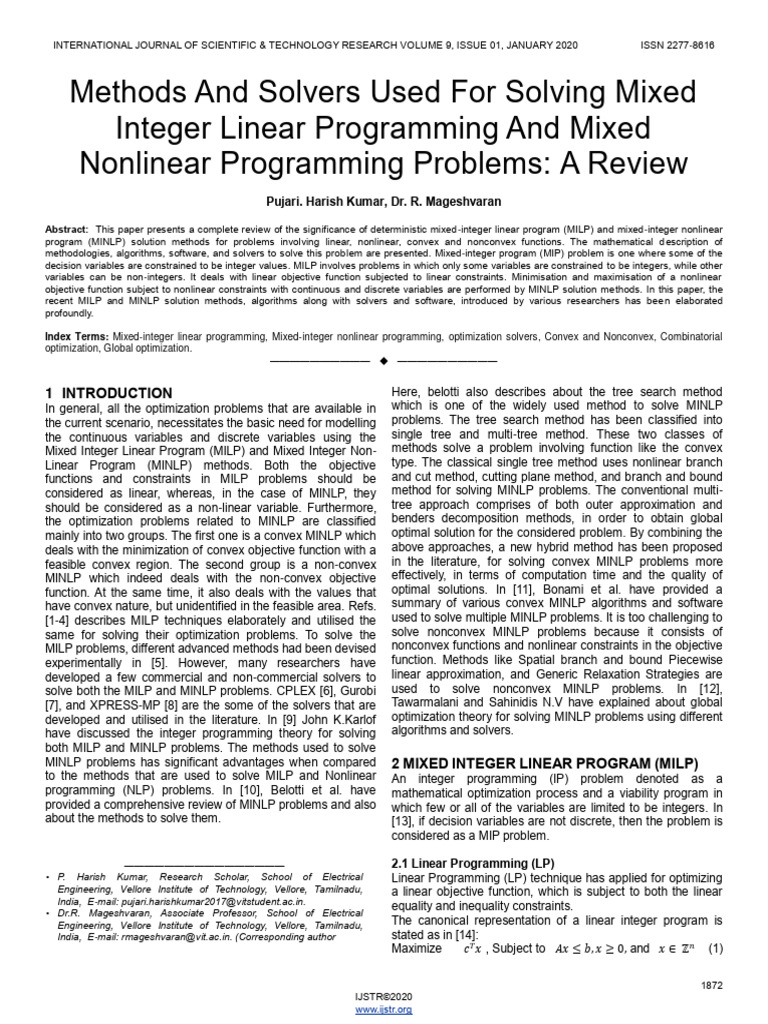 Mixed Integer Linear Programming and Mixed Nonlinear Programming ...
