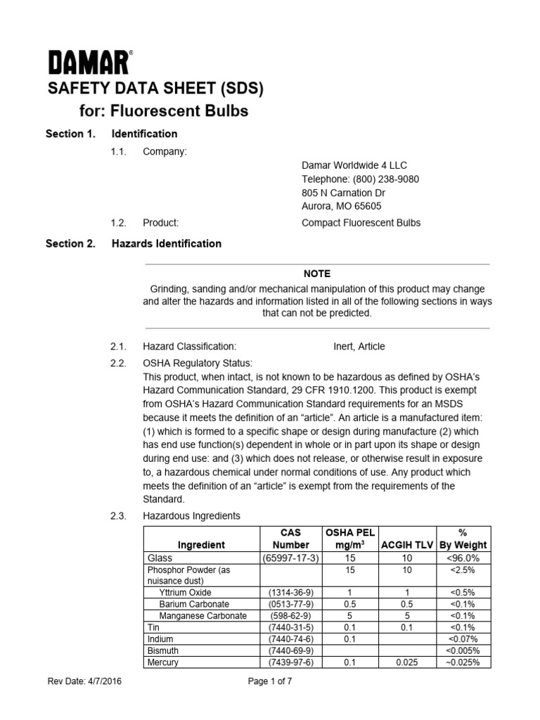 SDS Fluorescent Bulbs Download Free PDF Labor Relations Workplace