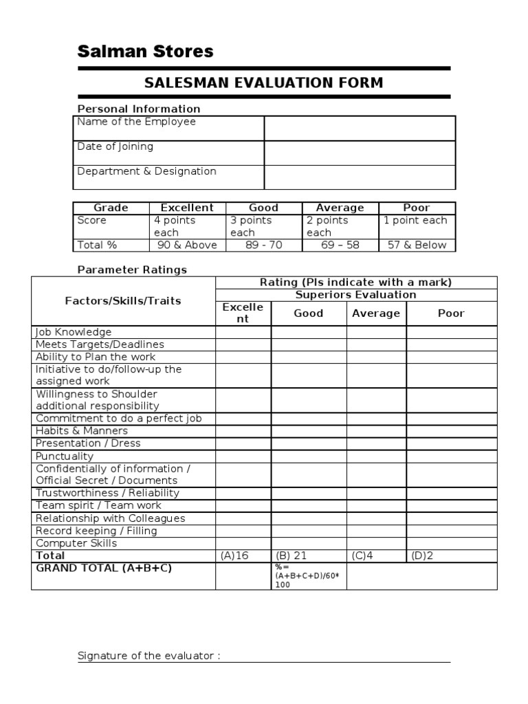 Salesman Evaluation Form