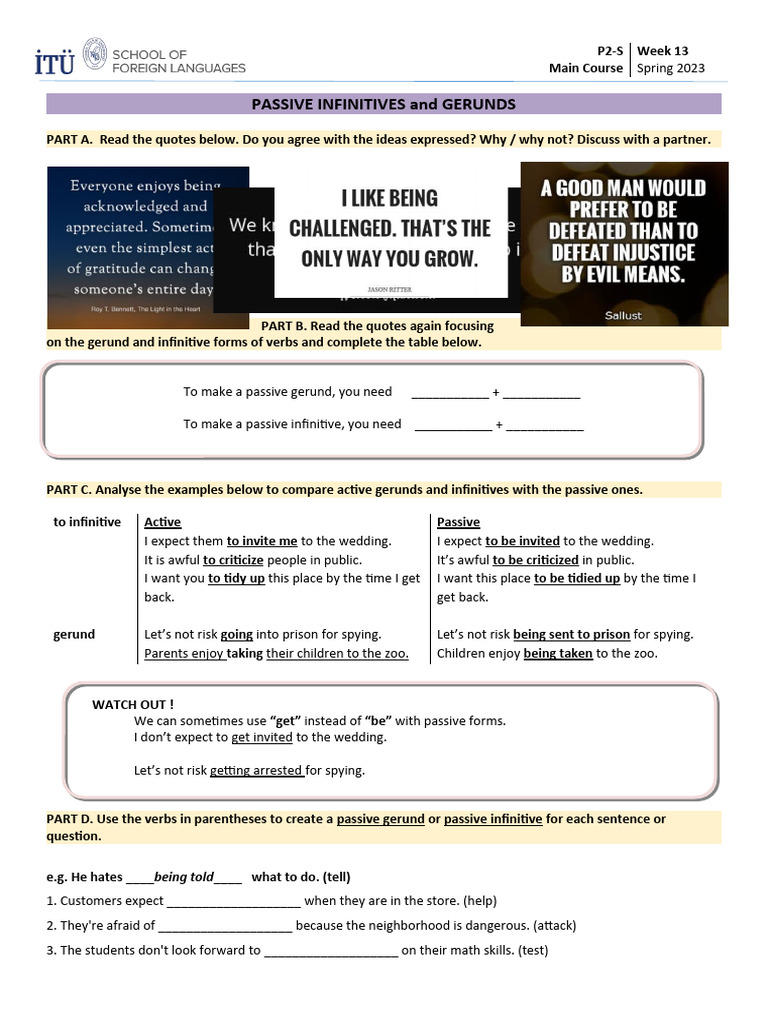 Passive Gerunds and Infinitives Exercises | PDF | Linguistic Typology ...